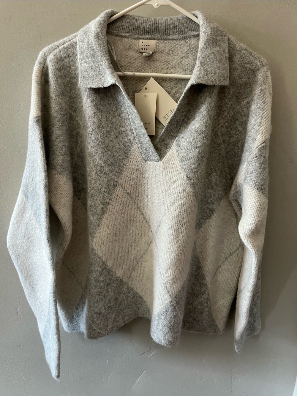 Jordan Gray and Light Gray Argyle V-Neck Sweater